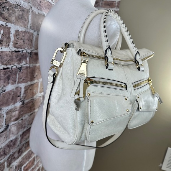 Aimee Kestenberg Satchel Crossbody Bag Ivory Leather Gold Hardware Pocketbook - Picture 2 of 16